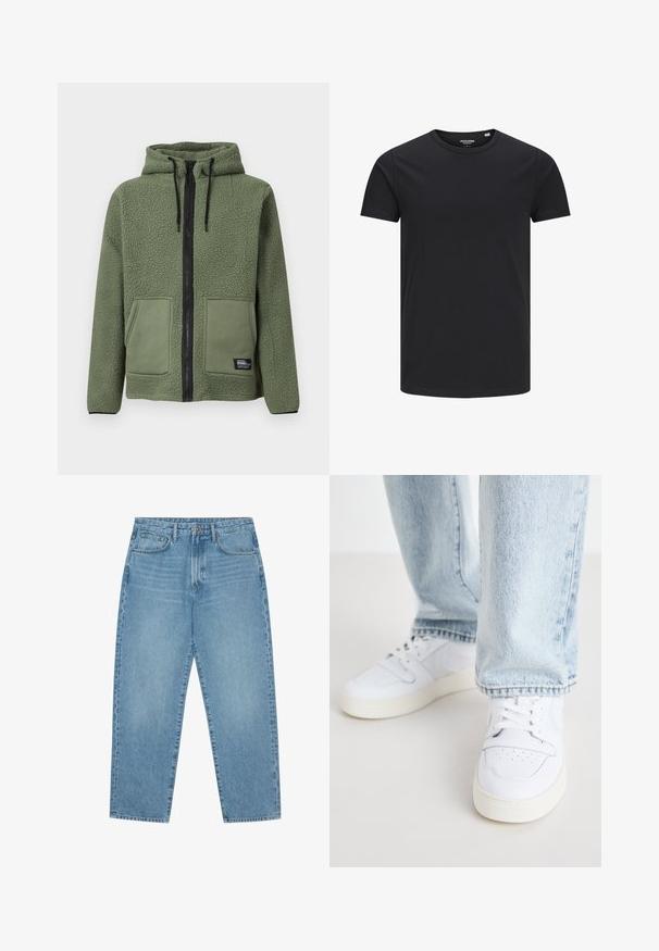 Veste en polaire verte à capuche avec fermeture éclair intégrale noire, cordons, deux poches plaquées frontales et étiquette de marque « Rebel » sur la poche inférieure.; T-shirt en coton noir avec un col rond, des manches courtes et un design simple. Texture lisse, sans motifs ni éléments visibles.; Jean en denim bleu clair avec une coupe droite, design cinq poches et une texture légèrement délavée. Dispose d'une fermeture à bouton et à glissière.; Baskets basses en cuir blanc avec un bout perforé, des lacets plats et un design minimaliste. Associées à un jean en denim bleu clair.