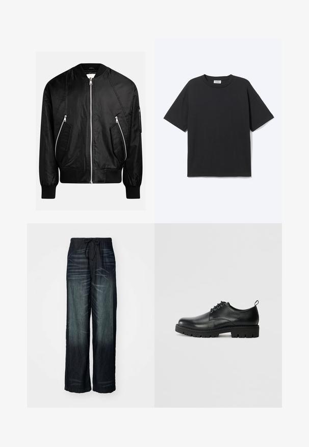 Veste bomber noire avec fermeture éclair à l'avant, poignets côtelés et deux poches zippées diagonales avec une finition lisse et brillante.; T-shirt noir à manches courtes avec col rond, coupe décontractée, vue de face, design uni et étiquette de la marque Weekday visible à l’intérieur du col.; Pantalons larges en denim foncé avec une décoloration graduelle. Dotés d'une taille élastique avec un cordon de serrage. Texture lisse avec des motifs d'usure subtils.; Chaussure en cuir noir à bout arrondi, présentant un design à lacets, une semelle en caoutchouc noire robuste et un petit onglet de talon à l'arrière.