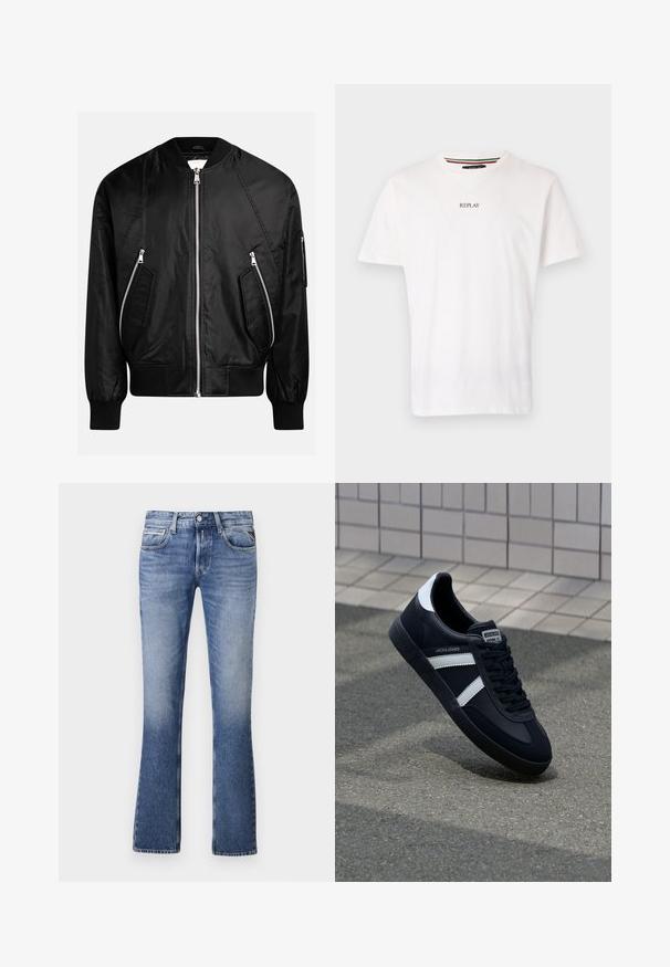 Veste bomber noire avec fermeture éclair à l'avant, poignets côtelés et deux poches zippées diagonales avec une finition lisse et brillante.; T-shirt en coton blanc avec un design en V, manches courtes et un petit logo "REPLAY" imprimé sur la poitrine. Texture lisse, coupe décontractée.; Jean en denim bleu clair avec un design évasé, comportant cinq poches, une fermeture à bouton à l'avant et un léger délavage sur l'ensemble.; Sneaker en cuir noir avec des rayures blanches, semelle en caoutchouc texturée et devant à lacets. Présente une étiquette de marque sur la languette.