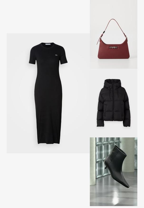 Veste matelassée noire avec capuche, fermeture éclair frontale, cordons de serrage et deux poches avant sur fond blanc uni.; Robe noire moulante à manches courtes, texture côtelée, col rond, avec un petit logo vert sur la poitrine. Conception midi.; Bottine en cuir noir à bout pointu et petit talon kitten, présentée en angle devant un sol poli et un mur en blocs de verre.; Petit sac à main rectangulaire en cuir bordeaux avec une bandoulière ajustable et une plaque logo « HUGO » en argent à l'avant.