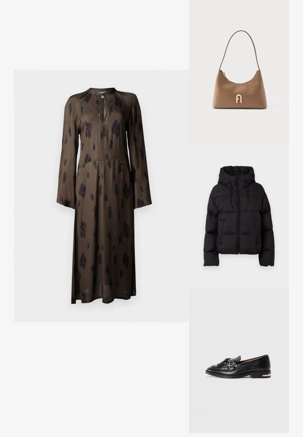 Schwarze gesteppte Daunenjacke mit Kapuze, Frontreißverschluss, Kordelzügen und zwei vorderen Taschen auf einem schlichten weißen Hintergrund.; Langes braunes Kleid mit einem subtilen schwarzen Tiermuster, langen Ärmeln, einem Schlüsselloch-Ausschnitt und einer fließenden Silhouette.; Schwarze Lederloafer mit Quasten und Metalldetail in Form einer Schnalle an der Vorderseite, niedriger Absatz mit silbernem Akzent, auf einem schlichten weißen Hintergrund.; Braune Lederhandtasche mit einer geschwungenen Silhouette, einem Reißverschluss und einem goldenen Buchstabenakzent. Verfügt über einen einzelnen, dünnen Schulterriemen.