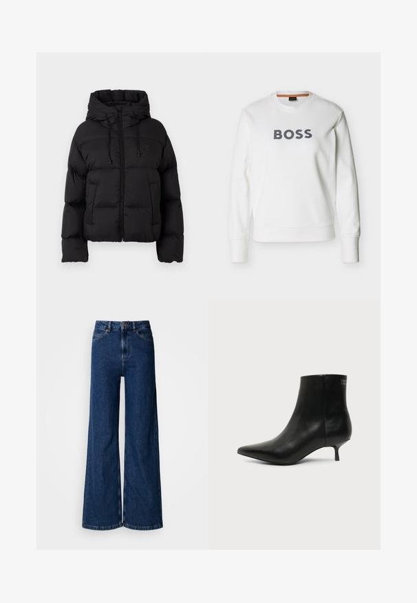 Zwarte gewatteerde pufferjas met capuchon, rits aan de voorkant, trekkoorden en twee voorzakken op een effen witte achtergrond.; Witte longsleeve trui met ronde hals en "BOSS" in dikke grijze letters centraal op de borst gedrukt.; Wijd uitlopende jeans met een donkere wassing, gemaakt van denim, met een hoge taille, klassiek ontwerp met vijf zakken en subtiele stiksel details langs de naden.; Zwart leren enkellaars met puntige neus en lage kittenhak op lichte achtergrond, zijaanzicht buitenkant.