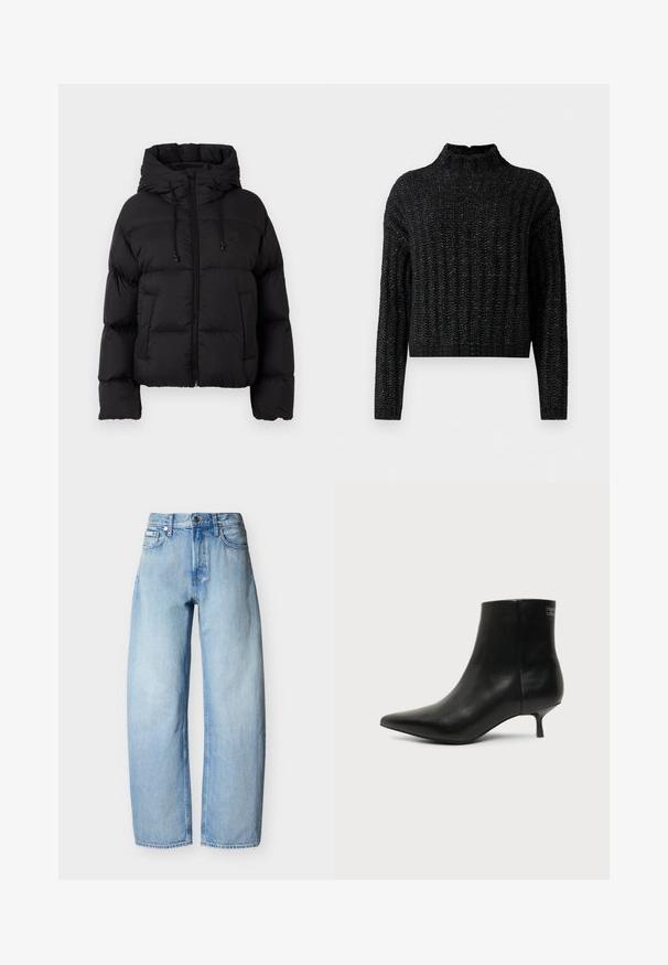 Veste matelassée noire avec capuche, fermeture éclair frontale, cordons de serrage et deux poches avant sur fond blanc uni.; Pull en tricot noir, épais, avec un motif côtes, manches longues et col montant court.; Jean en denim bleu clair à coupe droite avec cinq poches, passants pour ceinture et fermeture à bouton sur le devant.; Bottine en cuir noir avec bout pointu et petit talon kitten sur fond clair, vue côté extérieur.