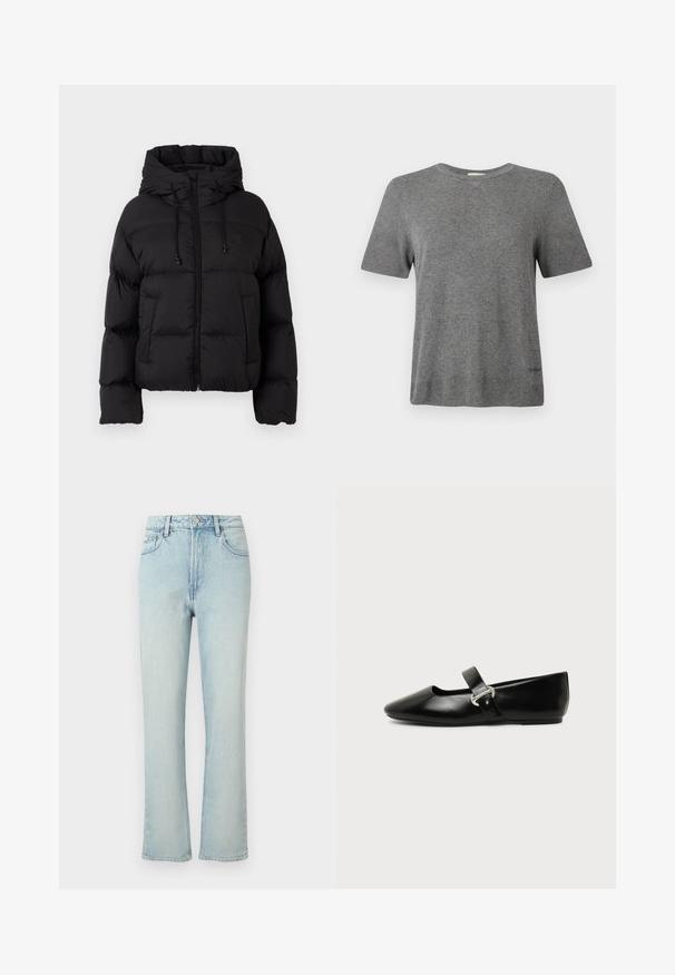 Veste matelassée noire avec capuche, fermeture éclair frontale, cordons de serrage et deux poches avant sur fond blanc uni.; T-shirt gris à manches courtes en tissu doux. Col rond, coupe décontractée, avec un logo discret à l'ourlet. Texture lisse partout.; Jean bleu clair taille haute à jambes droites avec bouton avant, passants de ceinture et design classique à cinq poches sur fond uni.; Chaussure plate Mary Jane en cuir noir avec bout arrondi et bride à boucle argentée sur fond uni.