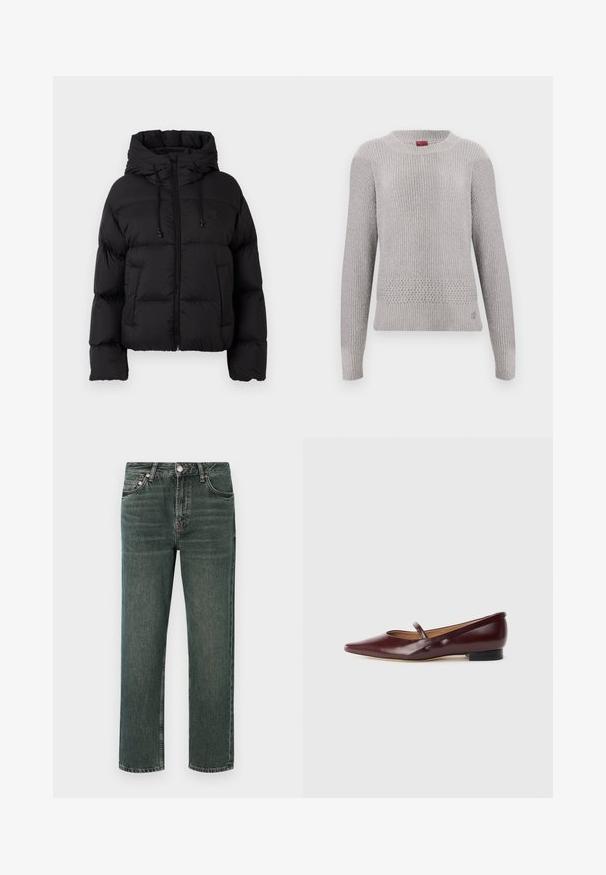 Schwarze gesteppte Daunenjacke mit Kapuze, Frontreißverschluss, Kordelzügen und zwei vorderen Taschen auf einem schlichten weißen Hintergrund.; Hellgrauer Pullover mit strukturiertem Strickmuster, rundem Ausschnitt und langen Ärmeln. Detailliertes Strickmuster am Saum.; Dunkelgrüne Denim-Jeans mit geradem Schnitt, ausgestattet mit einem klassischen Fünf-Taschen-Design, sichtbaren Nähten und einem Knopfverschluss an der Taille.; Burgunderfarbene Lackleder-Ballerina mit spitzer Zehe und einem dekorativen Riemen über dem Spann. Mit einem niedrigen schwarzen Absatz.