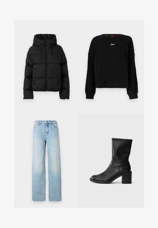 Veste matelassée noire avec capuche, fermeture éclair frontale, cordons de serrage et deux poches avant sur fond blanc uni.; Sweatshirt noir à manches longues avec poignets et ourlet côtelés, arborant un petit logo blanc « Boss » centré sur la poitrine.; Jeans en denim bleu clair à jambes larges avec un design classique à cinq poches, fermeture à bouton et décoloration subtile pour la texture.; Botte en cuir noir à cheville avec un bout rond, texture lisse et un talon épais, présentant un tige ajustée et un subtil détail de couture.