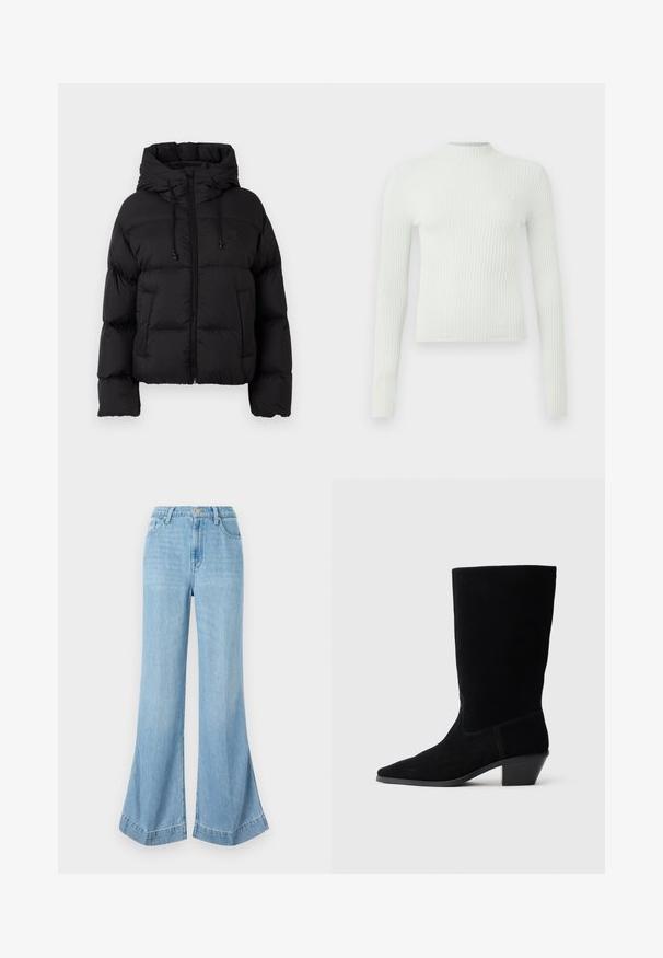 Schwarze gesteppte Daunenjacke mit Kapuze, Frontreißverschluss, Kordelzügen und zwei vorderen Taschen auf einem schlichten weißen Hintergrund.; Hellgrünes, geripptes Langarmoberteil mit hohem Kragen und kleinem gesticktem Logo auf der Brust. Lässige Passform und strukturierter Stoff.; Helle blaue Jeans mit weitem Bein im Denim-Stil, hochgeschnitten mit Knopfverschluss, featuring einen sauberen Abschluss und ausgestellt geschnittenem Saum mit seitlichen Schlitzen.; Schwarze Wildleder Stiefelette mit spitzer Zehe, mittelhohem Schaft und einem chunky Absatz. Verfügt über minimale Nähte und eine glatte Textur.