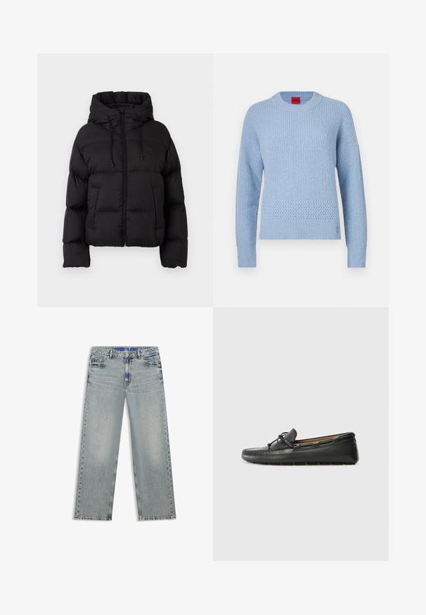 Schwarze gesteppte Daunenjacke mit Kapuze, Frontreißverschluss, Kordelzügen und zwei vorderen Taschen auf einem schlichten weißen Hintergrund.; Hellblauer Strickpullover mit geripptem Muster, rundem Ausschnitt und gewebtem Akzent an der Taille. Lange Ärmel mit eng anliegenden Bündchen.; Hellblaue Jeans mit weitem Bein aus Denim, mit ausgewaschenen Stellen, fünf Taschen und einem blauen, gebrandeten Taillenbund.; Schwarze Lederbootsschuhe mit rundem Zehenbereich, gestickten Details, kleinem Schleifenakzent und Gummisohle. Glatte Textur und schlankes Design.
