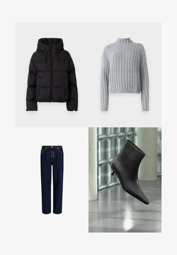 Chaqueta acolchada negra con capucha, cremallera frontal, cordones y dos bolsillos frontales sobre un fondo blanco liso.; Suéter grueso de punto en gris claro con patrón de canalé, cuello tipo alto, mangas largas y un corte ligeramente corto.; Jeans de mezclilla azul oscuro con un diseño de pierna recta, que presentan una cintura alta, estilo de cinco bolsillos y costuras en contraste. Sin adornos.; Bota de cuero negro para el tobillo con puntera puntiaguda y tacón pequeño, exhibida frente a una pared de bloques de vidrio y un suelo pulido.