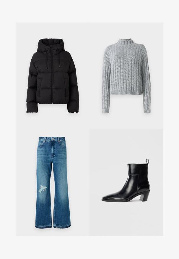 Schwarze gesteppte Daunenjacke mit Kapuze, Frontreißverschluss, Kordelzügen und zwei vorderen Taschen auf einem schlichten weißen Hintergrund.; Helles graues, grob gestricktes Sweatshirt mit Rippmuster, Stehkragen, langen Ärmeln und einem leicht verkürzten Schnitt.; Blaue, ausgestellt geschnittene Denim-Jeans mit ausgefranstem Saum und einem distressed Patch am linken Oberschenkel. Verfügt über ein klassisches Fünf-Taschen-Design und Metallknöpfe.; Schwarze Leder-Ankleboots mit spitzem Zeh, geometrischem Blockabsatz und einem Zugband hinten. Glatte Textur und elegantes Design.