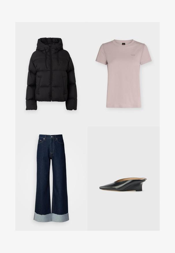 Schwarze gesteppte Daunenjacke mit Kapuze, Frontreißverschluss, Kordelzügen und zwei vorderen Taschen auf einem schlichten weißen Hintergrund.; Hell fliederfarbenes kurzärmeliges Baumwoll-T-Shirt mit Rundhalsausschnitt und kleinem besticktem "BOSS"-Logo auf der linken Brust.; Weite, dunkle Jeans mit fransigem, hellen Denim-Saum. Verfügt über den klassischen Fünf-Taschen-Stil und metallische Hardware an der Taille.; Schwarzer Keilschuh aus Lackleder mit spitzer Schuhspitze und offenem Fersenbereich, zeichnet sich durch ein elegantes, geschwungenes Design und minimalistischen Stil aus.