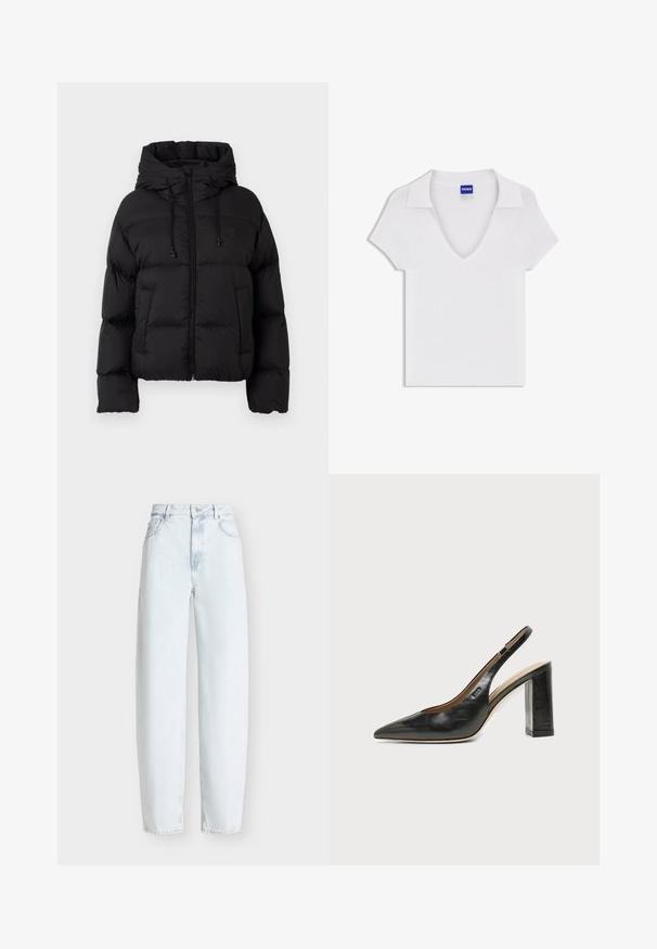 Schwarze gesteppte Daunenjacke mit Kapuze, Frontreißverschluss, Kordelzügen und zwei vorderen Taschen auf einem schlichten weißen Hintergrund.; Weißes Kurzarmhemd mit V-Ausschnitt und weitem Kragen, aus strukturiertem Stoff gefertigt, mit einem blauen "HUGO"-Label im Nackenbereich.; Hellblaue, locker sitzende Jeans mit hoher Taille, Vordertaschen und Knopfverschluss vor einfarbigem Hintergrund.; Schwarzer Leder-Slingback-Schuh mit spitzer Kappe, hohem Blockabsatz und beigegefüttertem Innenraum vor hellem, einfarbigem Hintergrund.