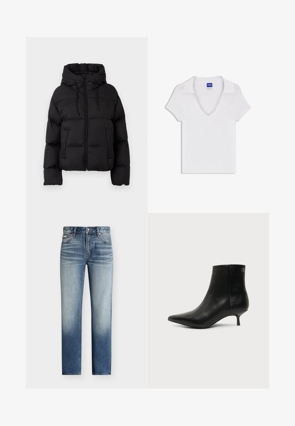 Chaqueta acolchada negra con capucha, cremallera frontal, cordones y dos bolsillos frontales sobre un fondo blanco liso.; Camisa blanca de manga corta con escote en V y cuello amplio, confeccionada en tela texturizada, con una etiqueta azul "HUGO" en el interior del cuello.; Vaqueros azules de pierna recta con lavado desgastado, estilo de cinco bolsillos y cierre de botones en la cintura.; Botín de piel negra con puntera puntiaguda y tacón bajo estilo kitten sobre fondo claro, mostrando vista lateral exterior.