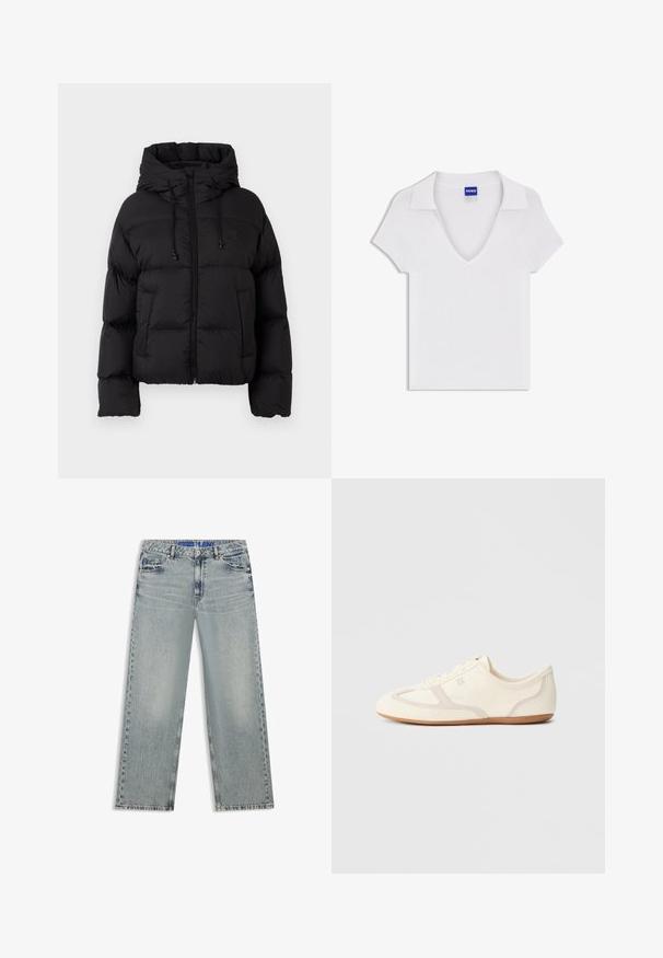 Veste matelassée noire avec capuche, fermeture éclair frontale, cordons de serrage et deux poches avant sur fond blanc uni.; Chemise blanche à manches courtes avec col en V et large col, en tissu texturé, avec une étiquette bleue « HUGO » à l'intérieur de l'encolure.; Jean large bleu clair en denim, avec des zones délavées, cinq poches et une ceinture bleue à logo.; Baskets couleur crème avec une tige en daim et tissu, un bout arrondi, et une semelle en caoutchouc avec un détail accent beige. Fermeture à lacets.