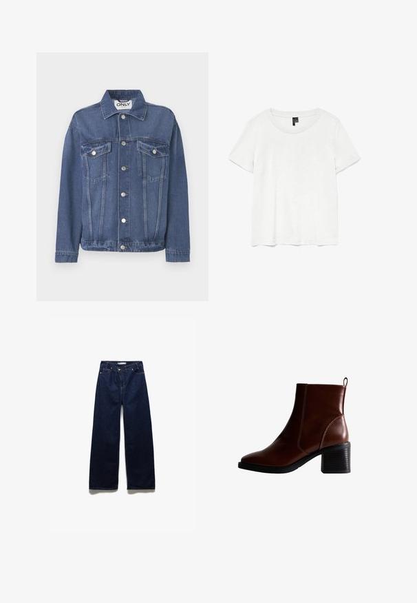 Jeansjacke in einem mittleren Blauton mit klassischem Design. Verfügt über zwei Brusttaschen, silberne Knöpfe und einen Kragen.; Weißes T-Shirt mit kurzen Ärmeln und rundem Ausschnitt, hergestellt aus leichtem Stoff. Schlichtes Design, glatte Textur und gerader Saum.; Weite, dunkelblaue Jeans aus Denim mit hoher Taille, klassischem Fünf-Taschen-Design und kupferfarbener Nietenakzenten für zusätzliche Haltbarkeit.; Braune Leder-Ankle-Boots mit quadratförmiger Spitze und seitlicher Naht, einem 7,5 cm hohen Blockabsatz und einem Ziehhilfen an der Rückseite für einfaches An- und Ausziehen.