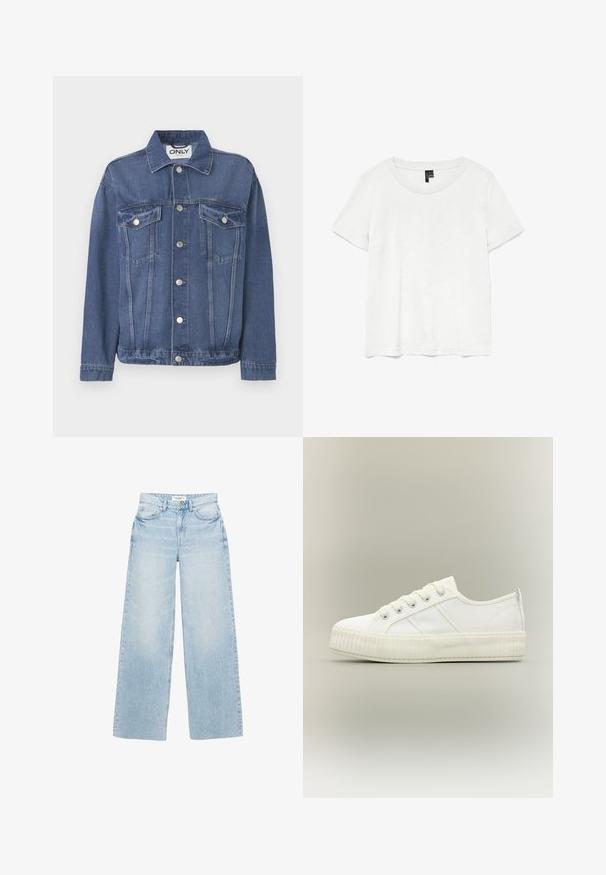 Veste en denim de couleur bleu moyen avec un design classique. Comprend deux poches sur la poitrine, des boutons en argent et un col.; T-shirt blanc à manches courtes avec un col rond, fabriqué en tissu léger. Design simple, texture lisse et ourlet droit.; Jean large à lavage clair en denim. Caractérisé par une taille haute, cinq poches et une fermeture éclair avec bouton. Texture légèrement usée.; Baskets basses blanches avec semelle épaisse côtelée, lacets à l'avant et languette à l'arrière sur fond neutre.