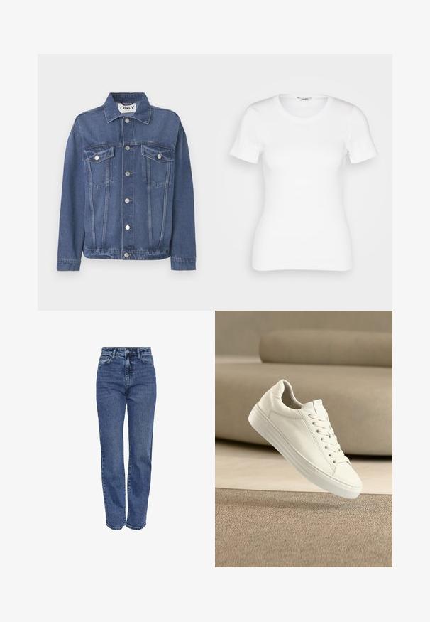 Veste en denim de couleur bleu moyen avec un design classique. Comprend deux poches sur la poitrine, des boutons en argent et un col.; T-shirt en coton blanc avec des manches courtes, un col rond et une texture côtelée. Design ajusté avec une finition lisse et nette.; Jean taille haute bleu en denim. Équipé de jambes droites, design à cinq poches et coutures contrastantes. Finition classique et décoloration modérée.; Baskets en cuir blanc au design classique, avec fermeture à lacets, semelle en caoutchouc plate et détails texturés. Esthétique épurée et minimaliste.