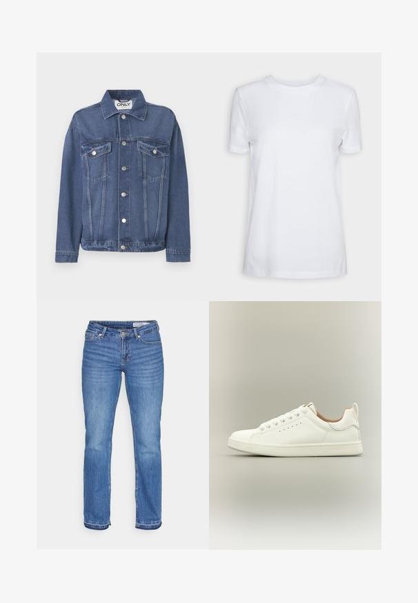 Veste en denim de couleur bleu moyen avec un design classique. Comprend deux poches sur la poitrine, des boutons en argent et un col.; T-shirt blanc uni à manches courtes, col rond, coupe régulière, avec une petite étiquette à l’intérieur du col indiquant "SELECTED FEMME."; Jean en denim bleu avec une coupe droite, cinq poches et une fermeture éclair. Comprend un effet de décoloration subtile et des détails de couture tout au long.; Baskets blanches basses avec lacets, détails perforés sur les côtés et languette au talon, sur fond neutre.