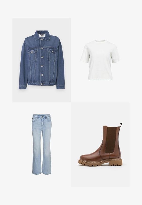 Veste en denim de couleur bleu moyen avec un design classique. Comprend deux poches sur la poitrine, des boutons en argent et un col.; T-shirt blanc à manches courtes avec col rond en coton, coupe décontractée, présenté sur un fond blanc uni.; Jean flare en denim bleu clair avec un design classique à cinq poches, taille haute et décoloration subtile. Comprend une fermeture à bouton et des passants de ceinture.; Bottine en cuir marron avec des panneaux élastiques et une languette de tirage. Elle possède une semelle en caoutchouc épaisse et des détails de couture visibles le long des bords.