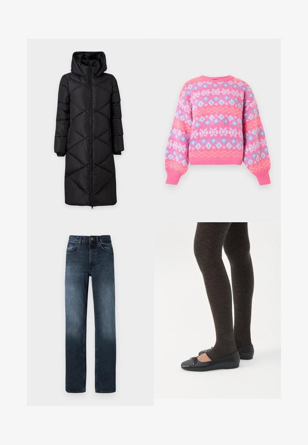 Sort polstret lang frakke med hætte, der har skrå syninger, to sidelommer med lynlås og ribbede manchetter. Glat, vandafvisende stof.; Strikket pullover-sweater med en pink bundfarve og blå, hvide og gule geometriske mønstre. Tætsiddende ribstrikkede manchetter og rund halsudskæring.; Mørkeblå denim jeans med lige ben, fem lommer og lukning med frontknap. Har falmede detaljer nær kanten.; Ben iført mørke ribbede leggings kombineret med sorte balletsko med små sløjfedetaljer på hvid baggrund.