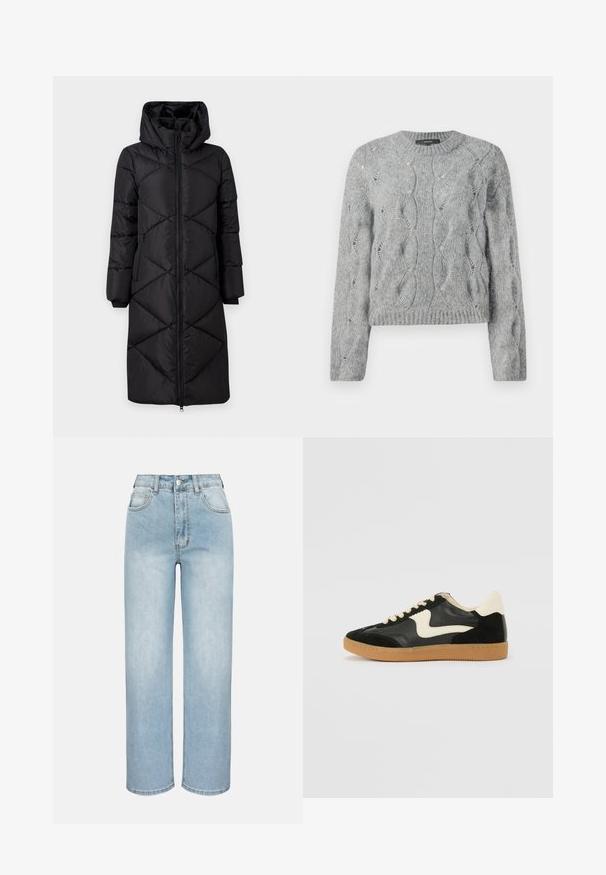 Sort polstret lang frakke med hætte, der har skrå syninger, to sidelommer med lynlås og ribbede manchetter. Glat, vandafvisende stof.; Grå kabelstrik langærmet sweater med rund hals og ribbet manchetter og kant, præsenteret på hvid baggrund.; Lyseblå jeans med høj talje og lige ben, foran med knapper, lynlås, bæltestropper og fem-lomme-design på en ensfarvet baggrund.; Sorte ruskinds- og lædersneakers med en cremefarvet side-swoosh og lys cremefarvet hæl. Har beige snørebånd og en gummirubber-sål.