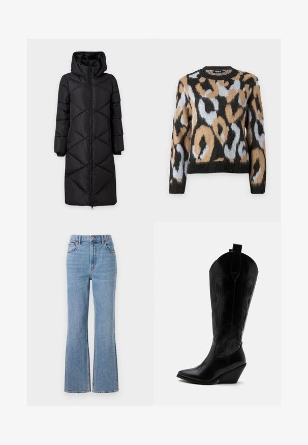Sort polstret lang frakke med hætte, der har skrå syninger, to sidelommer med lynlås og ribbede manchetter. Glat, vandafvisende stof.; Sweater med leopardmønster, rund halsudskæring, lange ærmer og en blanding af sorte, brune og lyseblå farver med struktureret strikstof.; Abercrombie & Fitch FRONT TO BACK TONAL STRAIGHT - Jeans Relaxed Fit - blue denim; Sort læder cowboystøvle med spidst tåparti, skråt blokhælhæl, dekorative sømme og trækstropper øverst mod hvid baggrund.