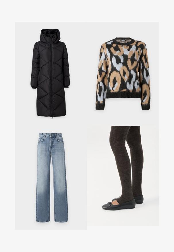 Manteau long noir rembourré avec une capuche, présentant des coutures diagonales, deux poches zippées sur les côtés et des poignets côtelés. Tissu lisse et résistant à l'eau.; Pull en imprimé léopard avec un col rond, des manches longues, et un mélange de couleurs noir, marron et bleu clair, en tissu tricoté texturé.; Jean en denim bleu à jambes larges avec un délavage clair, fermeture éclair, design à cinq poches et un léger décoloration près des chevilles.; Jambes portant des leggings côtelés foncés associés à des ballerines noires avec de petits détails en nœud sur fond blanc.