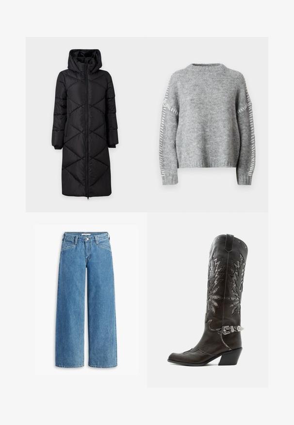 Sort polstret lang frakke med hætte, der har skrå syninger, to sidelommer med lynlås og ribbede manchetter. Glat, vandafvisende stof.; JDY Knitted JDYZOEY Knitted - Striktrøje - light grey melange; Lysblå bredbenede jeans lavet af denim, med høj talje, fem lommer og en klassisk knaplukning. Lige snit fra lår til kant.; Sort læder cowboystøvle med dekorative udskæringer, sølvspænde og skrå hæl, vist på hvid baggrund.