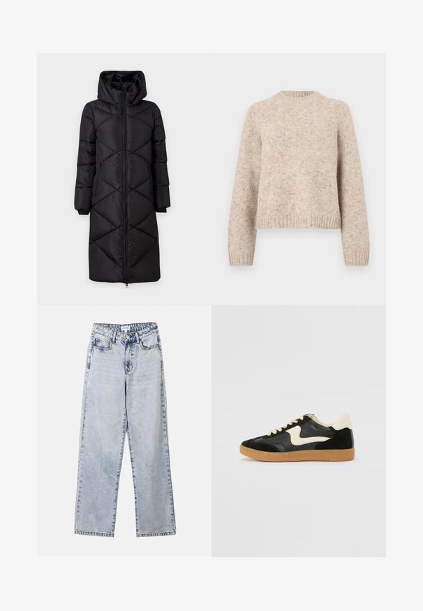 Schwarzer gepolsterter langer Mantel mit Kapuze, diagonal genäht, zwei seitlichen Reißverschlusstaschen und gerippten Bündchen. Glattes, wasserabweisendes Gewebe.; Beige Strickpullover mit Rundhalsausschnitt, langen Ärmeln und gerippten Bündchen. Hergestellt aus strukturiertem Wollgemisch mit dezenten Sprenkeln.; Helle blaue Straight-Leg-Jeans aus Denim, ausgestattet mit zwei vorderen Taschen, einem Knopfverschluss und kontrastierenden Nähten entlang der Säume.; Schwarze Wildleder- und Leder-Sneaker mit einem cremefarbenen Seiten-Swoosh und einer hellcremefarbenen Ferse. Ausgestattet mit beige Schnürsenkeln und einer Gummilaufsohle.
