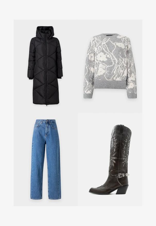 Sort polstret lang frakke med hætte, der har skrå syninger, to sidelommer med lynlås og ribbede manchetter. Glat, vandafvisende stof.; Grå strikket sweater med et hvidt blomstermønster, rund halsudskæring og ribbede manchetter og kant, fremstillet af blødt materiale.; Højtaljede, rette jeans i lyseblå denim. Har knaplukning foran, fem lommer og synlige syninger som detalje.; Sort læder cowboystøvle med dekorative udskæringer, sølvspænde og skrå hæl, vist på hvid baggrund.