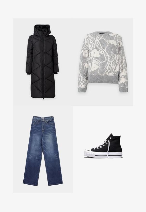 Sort polstret lang frakke med hætte, der har skrå syninger, to sidelommer med lynlås og ribbede manchetter. Glat, vandafvisende stof.; Grå strikket sweater med et hvidt blomstermønster, rund halsudskæring og ribbede manchetter og kant, fremstillet af blødt materiale.; Vidbenede denimjeans i mørkeblå, med høj talje, tydelige falmninger foran og klassisk femlomme-design.; Sort high-top canvas sneaker med hvid gummisål og hvide snørebånd, vist fra siden mod en hvid baggrund.