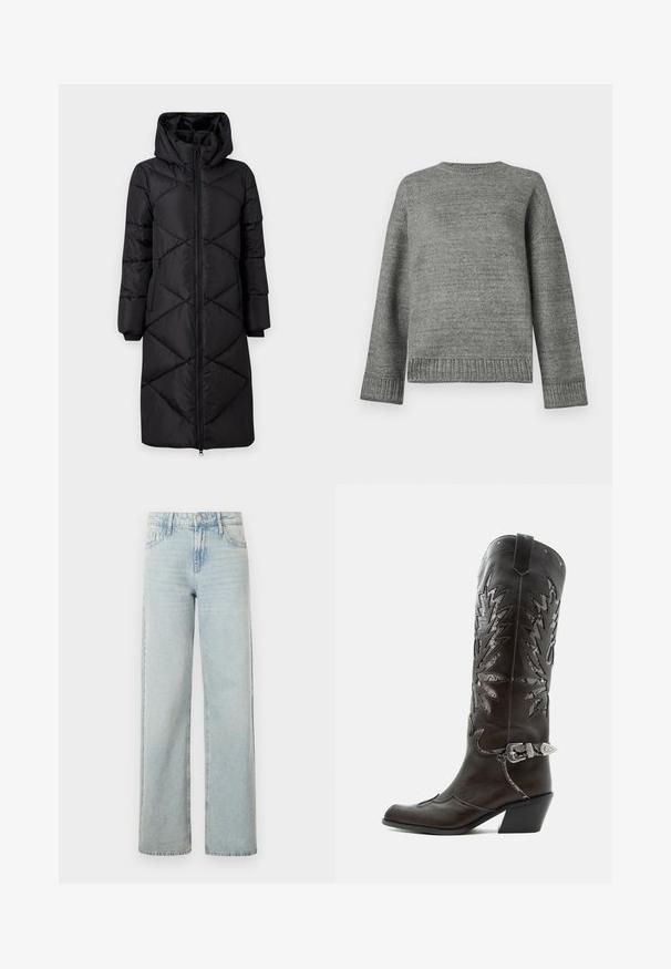 Schwarzer gepolsterter langer Mantel mit Kapuze, diagonal genäht, zwei seitlichen Reißverschlusstaschen und gerippten Bündchen. Glattes, wasserabweisendes Gewebe.; Grauer Strickpullover mit rundem Halsausschnitt, angeschnittenen Schultern und gerippten Bündchen und Saum. Glatte Textur in einer einheitlichen Farbe und mit minimalen Details.; Helle, hochgeschnittene Jeans mit geradem Bein. Aus Denim gefertigt, mit einem klassischen Fünf-Taschen-Design und subtilen Ausbleichungen.; Schwarzer Leder-Cowboystiefel mit dekorativen Ausschnitten, silberner Schnalle und schräger Ferse, auf weißem Hintergrund dargestellt.