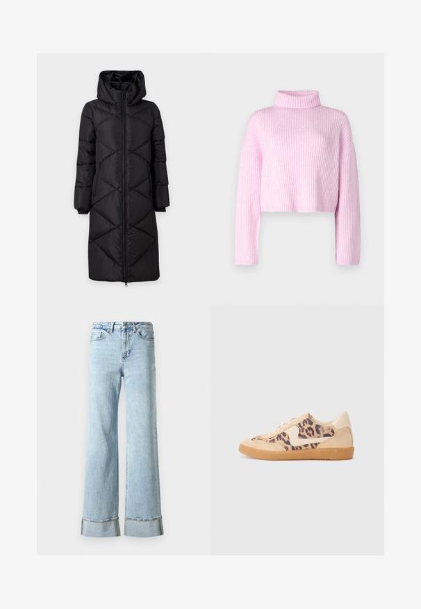 Schwarzer gepolsterter langer Mantel mit Kapuze, diagonal genäht, zwei seitlichen Reißverschlusstaschen und gerippten Bündchen. Glattes, wasserabweisendes Gewebe.; Rosa geripptes Sweatshirt mit hohem Kragen, verkürztem Schnitt und langen Ärmeln. Der strukturierte Stoff weist dezente vertikale Streifen auf.; Hellblaue Jeans aus Denim mit weitem Bein, ausgefransten Säumen und dekorativer Strassverzierung an den Bündchen. Standardmäßiges Fünf-Taschen-Design.; Löwenmuster-Sneaker mit beige Wildleder-Obermaterial, tanfarbener Gummisohle und weißen Akzenten. Runde Zehenform und Schnürdesign mit strukturiertem Finish.