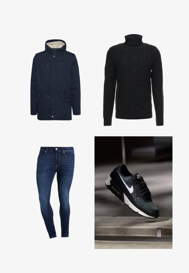 Marineblå parka-jakke med justerbar snorhætte, frontlommer og blødt indre for. Har trykknap- og lynlås-lukninger.; Sort, kabelstrikket sweater med høj turtleneck. Tekstureret mønster over hele, ensfarvet, ribbet kant og manchetter, lange ærmer.; Mørkeblå denim jeans med slim-fit design, fem-lomme stil og kontrastsyninger. Materialet synes glat med en let tekstur.; Sort og grå Nike Air Max sneaker med hvid swoosh, ophængt over en betongulv mod en sløret mørk baggrund.