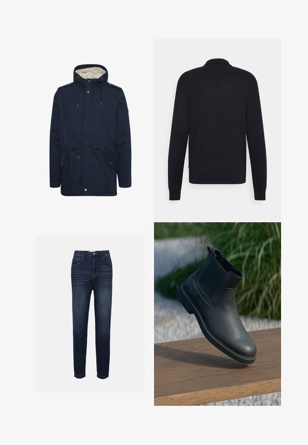 Marineblå parka-jakke med justerbar snorhætte, frontlommer og blødt indre for. Har trykknap- og lynlås-lukninger.; Sort langærmet strik polo med krave, der har en ensartet tekstur og ribbede manchetter. Detalje med side søm label. Glat finish.; Mørkeblå denim jeans med lige ben, der har forlommer og subtile horisontale sydetaljer. Klassisk fem-lomme design.; Sort læder ankelstøvle med elastiske sidepaneler, strukturerede accenter og en gummisål; udstillingen inkluderer en træoverflade og grønne planter.