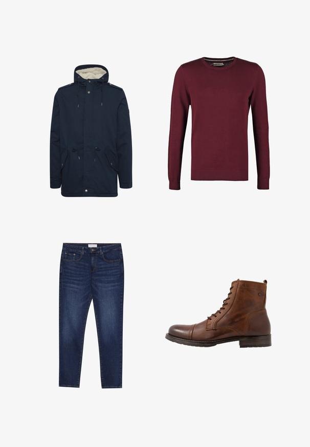 Marineblå parka-jakke med justerbar snorhætte, frontlommer og blødt indre for. Har trykknap- og lynlås-lukninger.; Bordeaux crewneck sweater lavet af glat stof, med lange ærmer og ribbet manchetter og kant for ekstra tekstur.; Mørkeblå slim-fit jeans med fem lommer, knaplukning og kontrastsying, mærket Pier One på livlinen.; Brune læderankelstøvle med snørebånd, rund tå, gummisål og subtil ton i ton syning. Har en lille løkke på bagsiden.