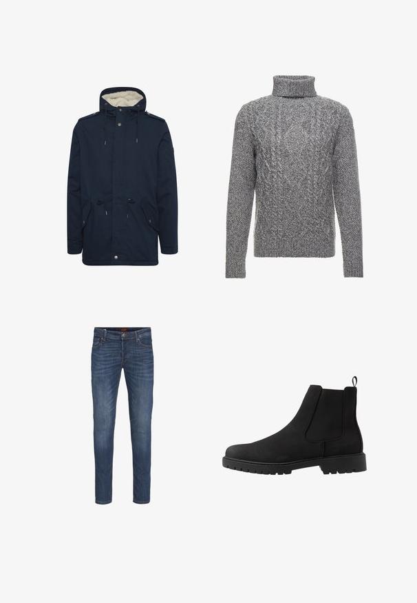 Marineblå parka-jakke med justerbar snorhætte, frontlommer og blødt indre for. Har trykknap- og lynlås-lukninger.; Grå kabelstrikket sweater med høj turtleneck og lange ærmer. Teksturen indeholder indviklede mønstre overalt.; Mørkeblå denimjeans med smal pasform, fem lommer og subtil afblegning. Har syningsdetaljer og en standard knaplukning.; Pier One by Zalando UNISEX - Støvletter - black