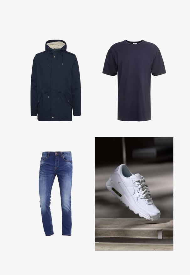 Marineblå parka-jakke med justerbar snorhætte, frontlommer og blødt indre for. Har trykknap- og lynlås-lukninger.; Marineblå bomulds T-shirt med rund hals, korte ærmer og en afslappet pasform uden synlige mønstre eller hardware.; Blå denim jeans med slim fit, som har fem lommer, lynlåsgylp og diskret falmning for et slidstærkt udseende. Syede detaljer i orange.; Hvide lædersneakers med teksturerede overflader, polstret krave og synlig luftpolstring i sålen. Har snørrebånd og et minimalistisk design.