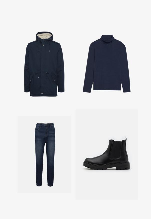 Parka bleu marine avec capuche réglable à cordon, poches avant et doublure intérieure douce. Comprend des fermetures à pression et à glissière.; Haut à col roulé à manches longues de couleur marine, fabriqué en tissu doux et extensible avec un design ajusté, présentant un col haut et sans motifs ni éléments matériels visibles.; Jeans en denim bleu foncé avec une coupe droite, comprenant des poches avant et des détails de couture horizontale subtils. Design classique à cinq poches.; Zign by Zalando LEATHER - Bottines - black