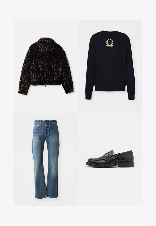 Faux fur cropped jakke i mørkebrun med leopardprint, med kravehals, lange ærmer og lynlåslukning foran.; Sort sweater lavet af blødt stof, med et guld broderet laurbærkransdesign på brystet samt ribbede manchetter og kant.; Denim jeans med en lys til mellemblå farve, lige ben skæring, klassisk fem-lommer design og subtil falmning foran.; Sorte læder loafers med en rund tå, der har guld hardware accent og syningsdetaljer, placeret på en lav, tekstureret gummisål.