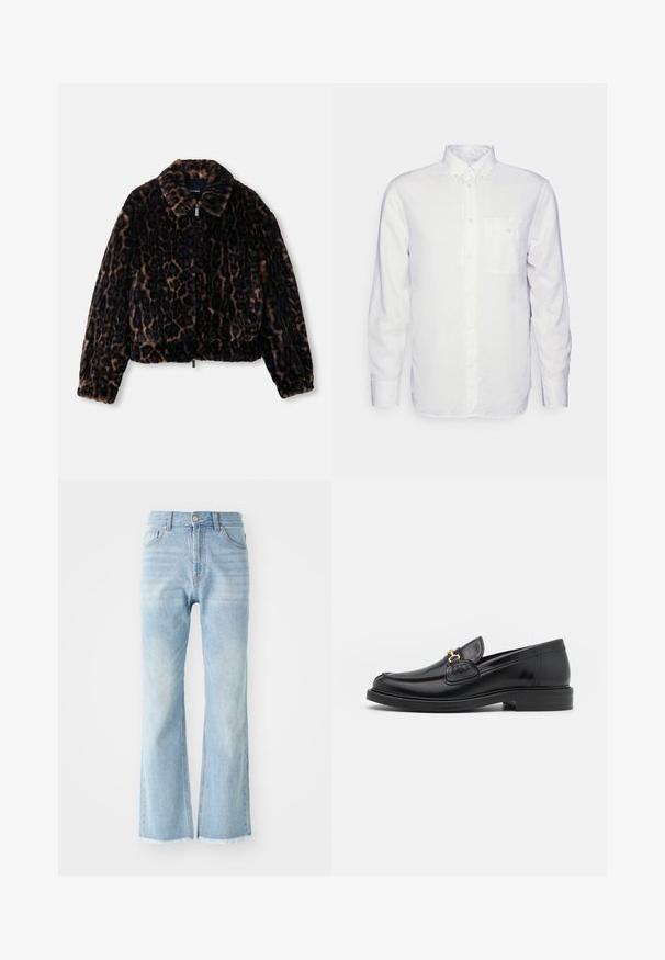 Faux fur cropped jakke i mørkebrun med leopardprint, med kravehals, lange ærmer og lynlåslukning foran.; Langærmet hvid skjorte lavet af bomuld, med en knap-down krave, brystlomme og almindelig pasform. Struktureret stof med en glat overflade.; Lyseblå denimjeans med høj talje, bred benudskæring og rå kant. Har klassisk fem-lomme design og synlige syninger.; Sorte læder loafers med en rund tå, der har guld hardware accent og syningsdetaljer, placeret på en lav, tekstureret gummisål.