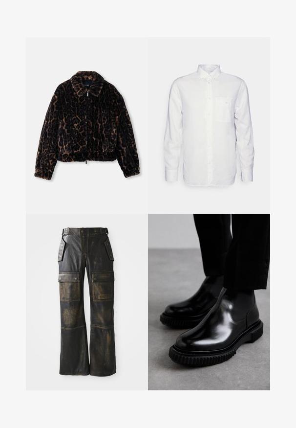 Faux-Fur-Cropped-Jacke in Dunkelbraun mit Leopardenmuster, ausgestattet mit einem krägenförmigen Ausschnitt, langen Ärmeln und einem Reißverschluss vorne.; Langärmliges, weißes Hemd aus Baumwolle mit Button-Down-Kragen, Fronttasche und normalem Schnitt. Strukturierter Stoff mit glatter Oberfläche.; Schwarze Leder-Cargo-Hose mit abgenutzter Optik, großen Seitentaschen, hoher Taille und kontrastierender Naht entlang der Nähte.; Schwarze Leder-Chelsea-Boots mit glatter Oberfläche, elastischen Seiteneinsätzen und einer dicken, strukturierten Gummisohle mit einem robusten Profil.