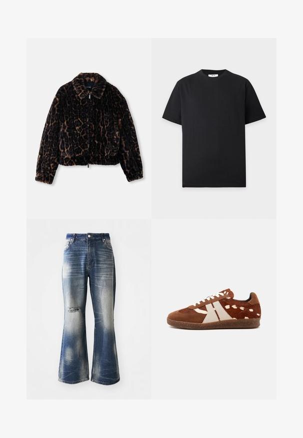 Faux fur cropped jakke i mørkebrun med leopardprint, med kravehals, lange ærmer og lynlåslukning foran.; Simpel sort t-shirt med korte ærmer og rund halsudskæring med en lille hvid label inde i kraven på en lys grå baggrund.; Blå flagrende jeans med falmede områder og slidte knædetaljer. Lavet af denim, med knaplukning og fem-lomme design.; Brun og hvid plettet lavtop-sneaker med hvide snørebånd, beige sidestriber og en tekstureret brun gummisål.