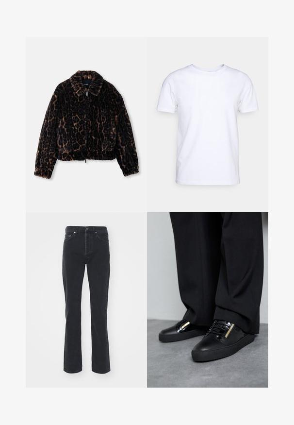 Faux fur cropped jakke i mørkebrun med leopardprint, med kravehals, lange ærmer og lynlåslukning foran.; Hvid kortærmet t-shirt i bomuldsstof med rund halsudskæring. Enkel design uden mønstre eller detaljer. Glat tekstur.; Sorte denimjeans med lige ben-design, der har fem lommer og knappelukning. Stoffet har en subtil tekstur og en robust overflade.; Sorte lædersneakers med blanke accenter, teksturerede snørebånd og lynlåsdetalje; parret med mørke, løse bukser på et gråt gulv.