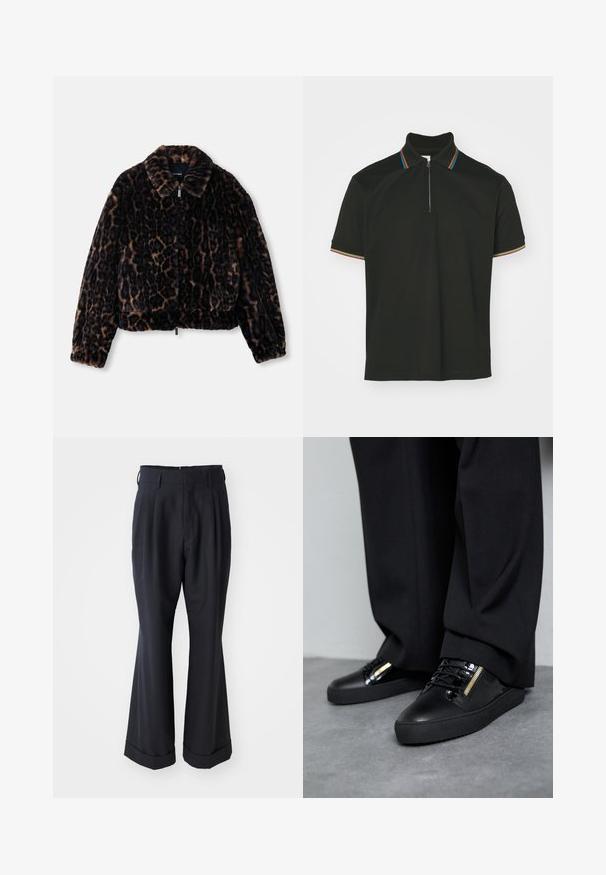 Faux fur cropped jakke i mørkebrun med leopardprint, med kravehals, lange ærmer og lynlåslukning foran.; Sort polo-shirt med lynlås krave og multicolor striber. Korte ærmer og en glat bomulds tekstur.; Sorte skræddersyede bukser med en afslappet pasform, plisseret forside og vide ben. Har en opsmøg i bunden og en glat stofstruktur.; Sorte lædersneakers med blanke accenter, teksturerede snørebånd og lynlåsdetalje; parret med mørke, løse bukser på et gråt gulv.