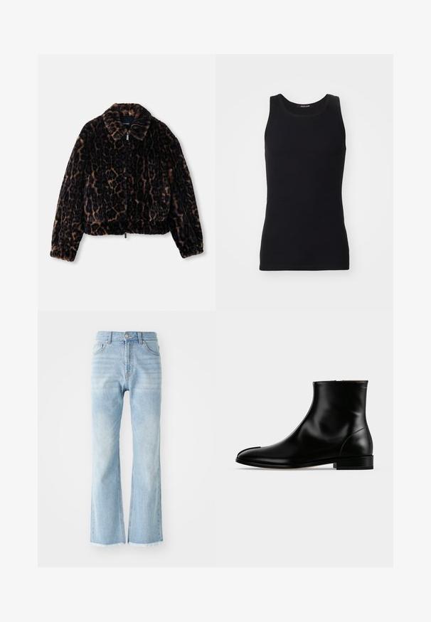 Faux fur cropped jakke i mørkebrun med leopardprint, med kravehals, lange ærmer og lynlåslukning foran.; Sort tanktop lavet af et glat, strækbart materiale. Har en rund halsudskæring og ingen ærmer, med en tætsiddende pasform og enkelt design.; Lyseblå denimjeans med høj talje, bred benudskæring og rå kant. Har klassisk fem-lomme design og synlige syninger.; Sort poleret læderankelstøvle med lav hæl og sidelås, slankt og glat design på en ensfarvet lys baggrund.