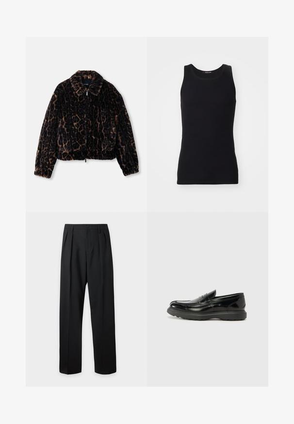 Faux fur cropped jakke i mørkebrun med leopardprint, med kravehals, lange ærmer og lynlåslukning foran.; Sort tanktop lavet af et glat, strækbart materiale. Har en rund halsudskæring og ingen ærmer, med en tætsiddende pasform og enkelt design.; Sorte skræddersyede bukser med høj talje, bæltestropper, frontfolder, knaplukning og lige vide ben på en lys baggrund.; Sort læderloafer med en blank finish, rund tå, subtile syninger og en tyk gummisål for holdbarhed.