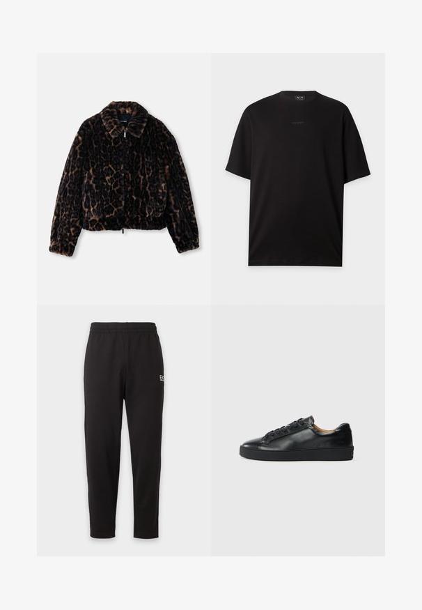 Kroppad jacka i faux päls i mörkbrunt med leopardmönster, med krage, långa ärmar och framzip.; Musta lyhythihainen pyöreäkauluksinen T-paita, jossa pieni keskitetty Armani Exchange -logo rinnassa.; Mustat joustovyötäröiset collegehousut kapenevilla lahkeilla ja pienellä valkoisella logolla vasemman reiden yläosassa.; Musta nahkakenkä, jossa on sileä pinta, pyöreä kärki ja nauhakiinnitys. Varusteena paksu kumipohja ja minimaalinen brändäys.