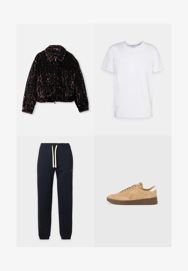 Faux-Fur-Cropped-Jacke in Dunkelbraun mit Leopardenmuster, ausgestattet mit einem krägenförmigen Ausschnitt, langen Ärmeln und einem Reißverschluss vorne.; Weißes T-Shirt mit kurzen Ärmeln aus Baumwolle. Es hat einen runden Halsausschnitt und eine lockere Passform ohne sichtbare Muster oder Akzente.; Marineblaue Jogginghose mit elastischen Bündchen und cremefarbenem Kordelzug an der Taille, flach auf weißem Hintergrund ausgelegt.; Wildledersneakers in hellbraun mit brauner Gummisohle. Verfügen über einfache Schnürung, runde Spitze und kontrastierenden cremefarbenen Fersenakzent.
