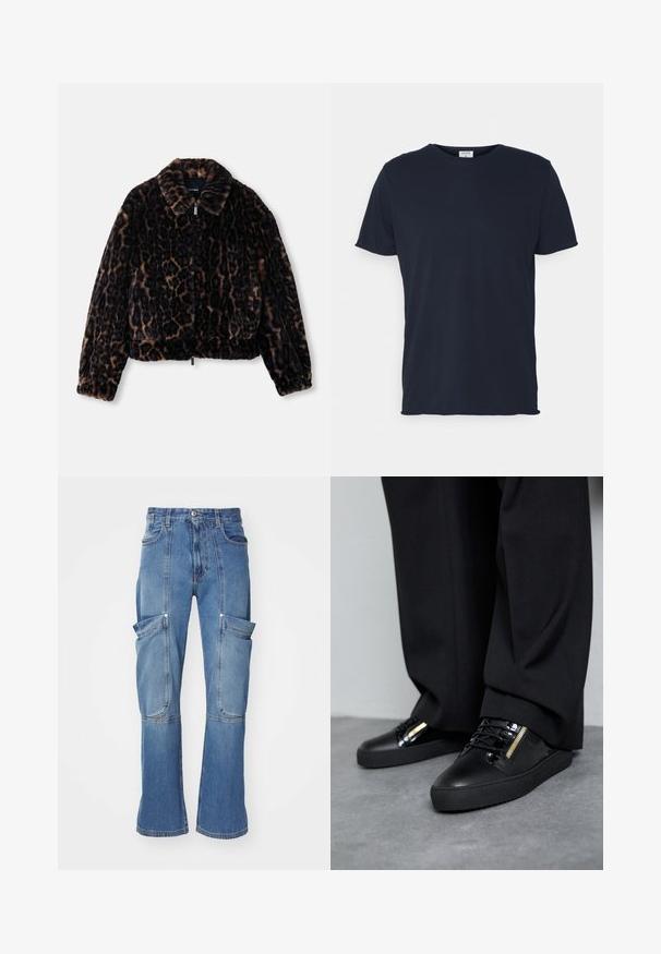Faux-Fur-Cropped-Jacke in Dunkelbraun mit Leopardenmuster, ausgestattet mit einem krägenförmigen Ausschnitt, langen Ärmeln und einem Reißverschluss vorne.; Marineblaue Baumwoll-T-Shirt mit Rundhalsausschnitt und kurzen Ärmeln, mit einer glatten Oberfläche und einfachem Design, ohne sichtbare Muster oder Akzente.; Hellblaue Denim-Cargo-Hosen mit hoher Taille, mehreren Seitentaschen und weit ausgestellten Beinen, die über kontrastierende Nähte und einen Reißverschluss verfügen.; Schwarze Ledersneakers mit glänzenden Akzenten, strukturierten Schnürsenkeln und einem Reißverschluss-Detail; kombiniert mit dunklen, locker sitzenden Hosen auf einem grauen Boden.